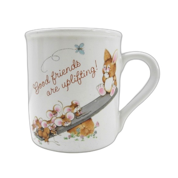 Good Friends Raise Your Spirits! Cute Bunny and Mice Mug - Hallmark Coffee Cup - Picture 1 of 6